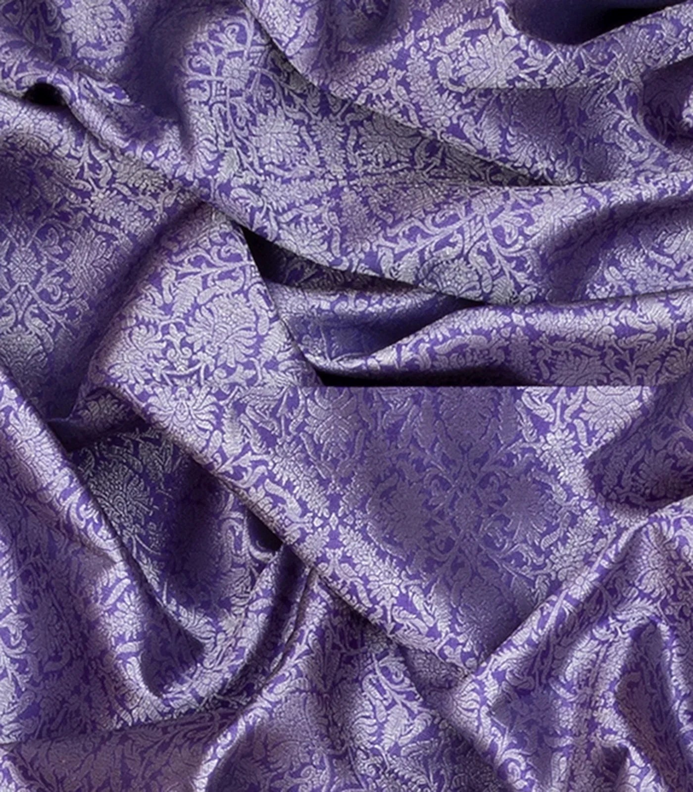 Violet Handwoven Kanchipuram Korvai Silk Saree With Vine Motifs in Silver Zari -Violet