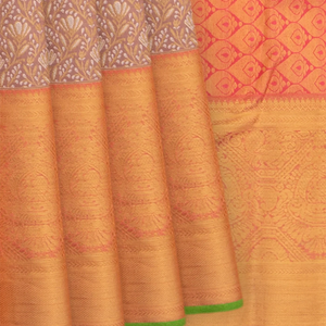 Beige Handwoven Kanchipuram Silk Saree With Vine Motifs in Evening Morning Zari Border-Beige