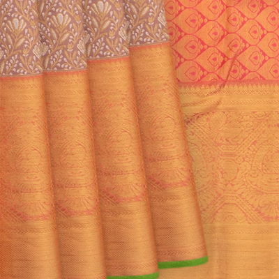 Beige Handwoven Kanchipuram Silk Saree With Vine Motifs in Evening Morning Zari Border-Beige