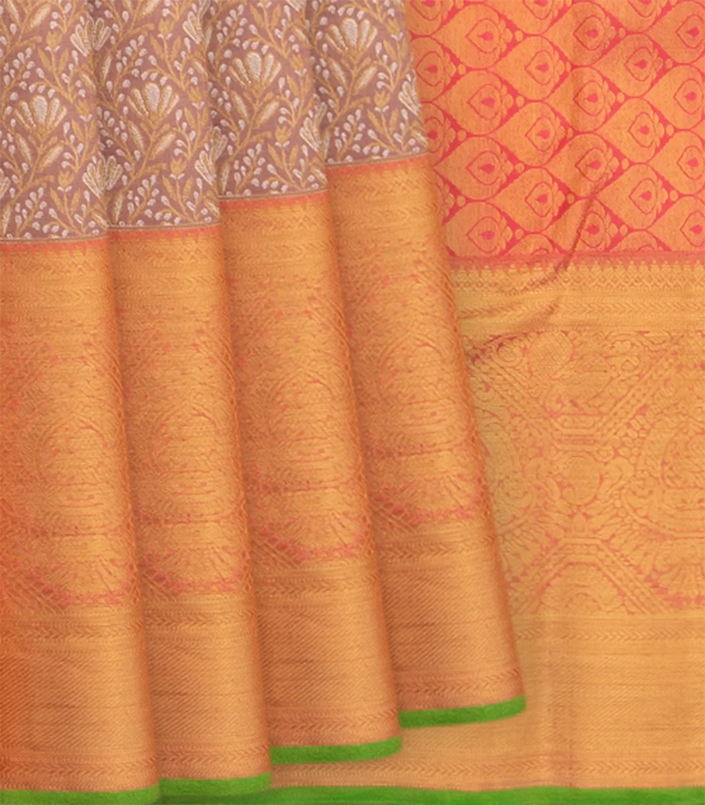 Beige Handwoven Kanchipuram Silk Saree With Vine Motifs in Evening Morning Zari Border-Beige