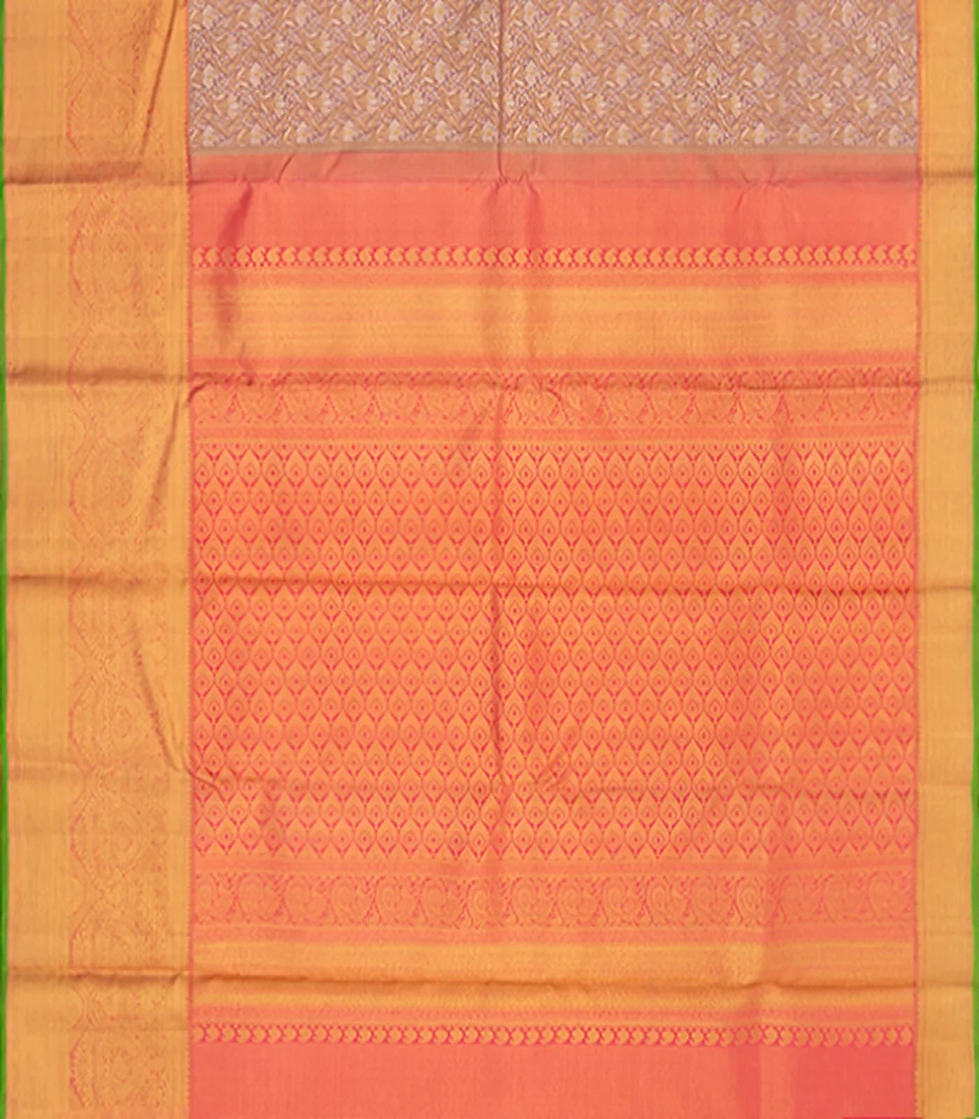 Beige Handwoven Kanchipuram Silk Saree With Vine Motifs in Evening Morning Zari Border-Beige