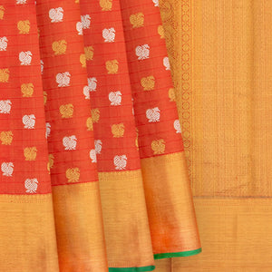 Orange Handwoven Kanchipuram Tissue Silk Saree With Annam Motifs in Gold & Silver Zari & Evening Morning Zari Border-Orange