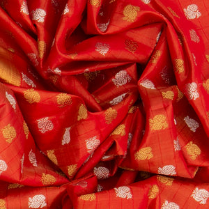 Orange Handwoven Kanchipuram Tissue Silk Saree With Annam Motifs in Gold & Silver Zari & Evening Morning Zari Border-Orange