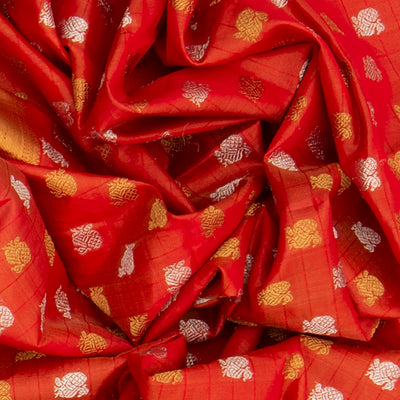 Orange Handwoven Kanchipuram Tissue Silk Saree With Annam Motifs in Gold & Silver Zari & Evening Morning Zari Border-Orange