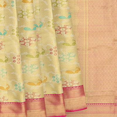 Mint Green Handwoven Kanchipuram Korvai Tissue Silk Saree With Peacock Vine Motifs & Pink Zari Border-Mint Green