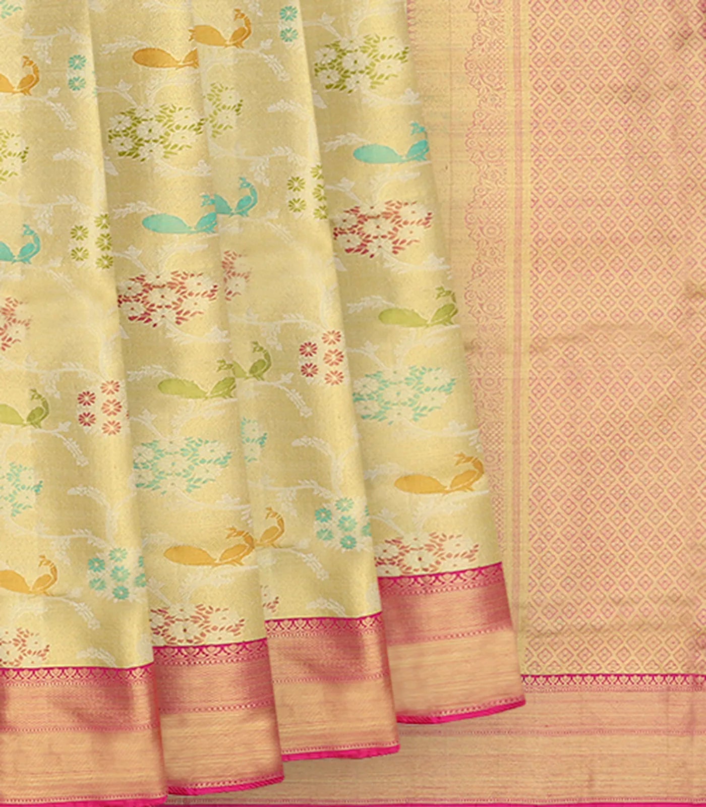 Mint Green Handwoven Kanchipuram Korvai Tissue Silk Saree With Peacock Vine Motifs & Pink Zari Border-Mint Green