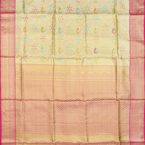 Mint Green Handwoven Kanchipuram Korvai Tissue Silk Saree With Peacock Vine Motifs & Pink Zari Border-Mint Green
