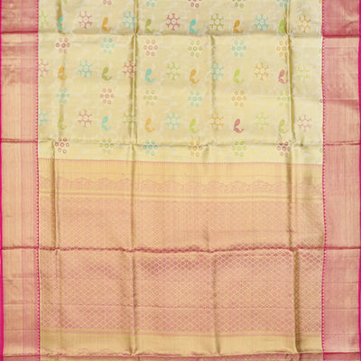 Mint Green Handwoven Kanchipuram Korvai Tissue Silk Saree With Peacock Vine Motifs & Pink Zari Border-Mint Green