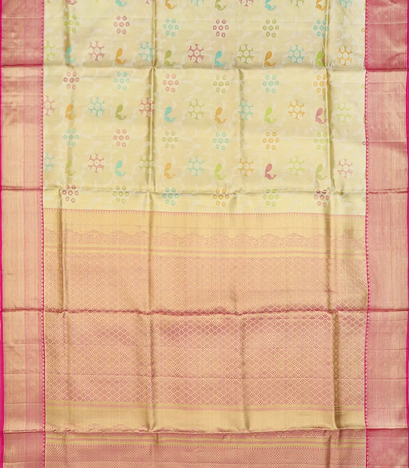 Mint Green Handwoven Kanchipuram Korvai Tissue Silk Saree With Peacock Vine Motifs & Pink Zari Border-Mint Green