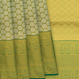 Green Handwoven Kanchipuram Silk Saree With Kamalam Chakkram Motifs & Evening Morning Zari Border-Green
