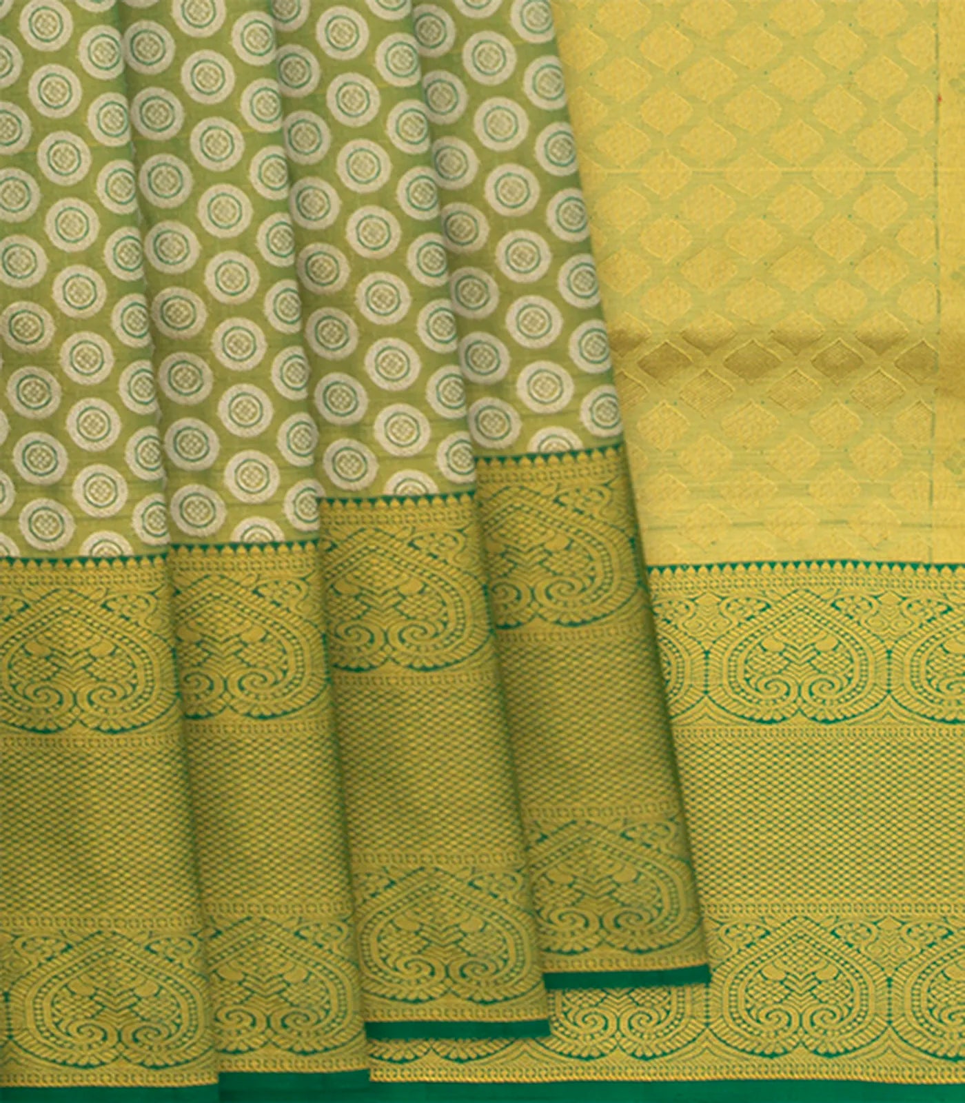Green Handwoven Kanchipuram Silk Saree With Kamalam Chakkram Motifs & Evening Morning Zari Border-Green