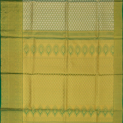 Green Handwoven Kanchipuram Silk Saree With Kamalam Chakkram Motifs & Evening Morning Zari Border-Green