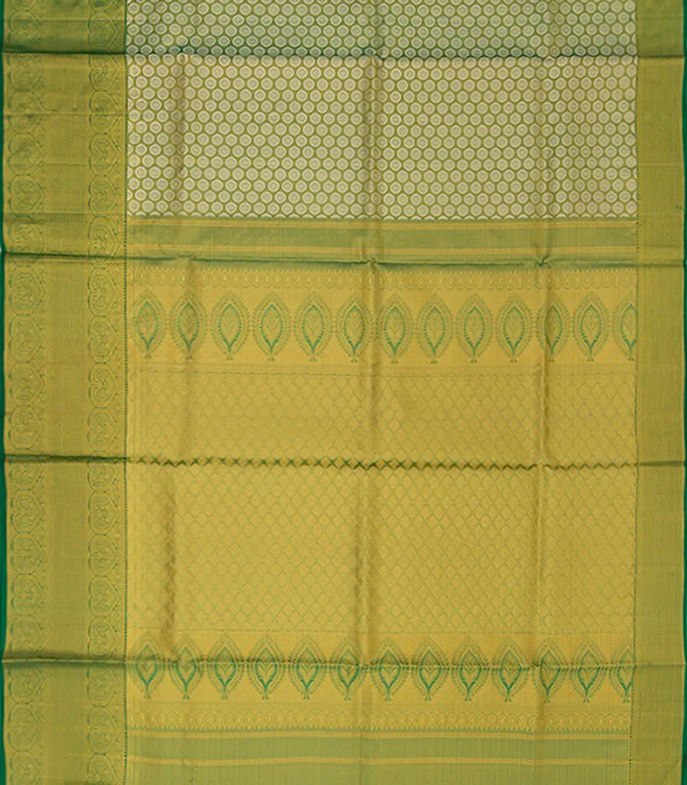 Green Handwoven Kanchipuram Silk Saree With Kamalam Chakkram Motifs & Evening Morning Zari Border-Green