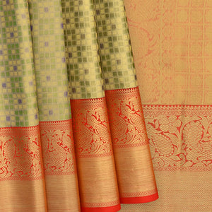 Mint Green Handwoven Kanchipuram Korvai Tissue Silk Saree With Checks & Annam, peacock Motifs in Red Border-Mint Green