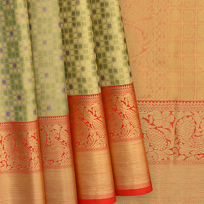 Mint Green Handwoven Kanchipuram Korvai Tissue Silk Saree With Checks & Annam, peacock Motifs in Red Border-Mint Green