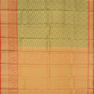 Mint Green Handwoven Kanchipuram Korvai Tissue Silk Saree With Checks & Annam, peacock Motifs in Red Border-Mint Green