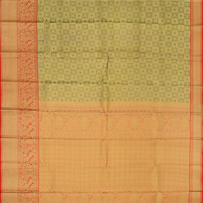 Mint Green Handwoven Kanchipuram Korvai Tissue Silk Saree With Checks & Annam, peacock Motifs in Red Border-Mint Green