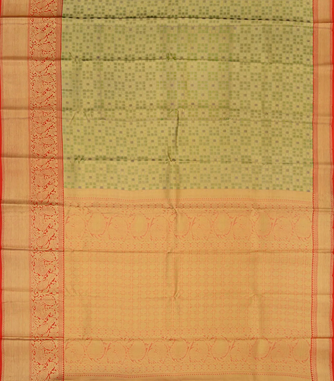 Mint Green Handwoven Kanchipuram Korvai Tissue Silk Saree With Checks & Annam, peacock Motifs in Red Border-Mint Green