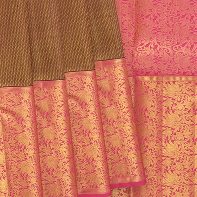 Sage Green Handwoven Kanchipuram Korvai Silk Saree With Dotted Motifs & Floral Vine Motifs In Contrast Pink Border-Sage Green