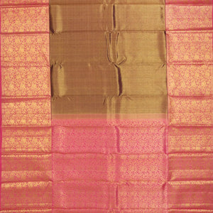 Sage Green Handwoven Kanchipuram Korvai Silk Saree With Dotted Motifs & Floral Vine Motifs In Contrast Pink Border-Sage Green