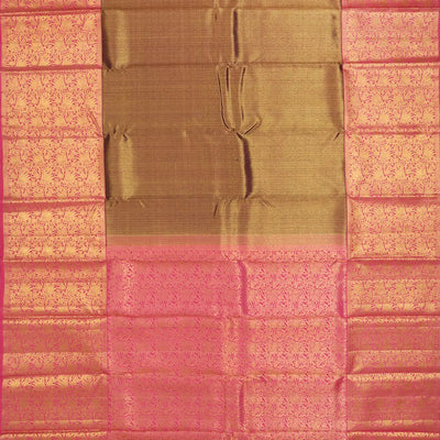 Sage Green Handwoven Kanchipuram Korvai Silk Saree With Dotted Motifs & Floral Vine Motifs In Contrast Pink Border-Sage Green