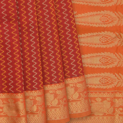 Crimson Handwoven Kanchipuram Korvai Silk Saree With Chevron Stripes & Floral Vine Motifs in Contrast Orange Border, Pallu-Crimson