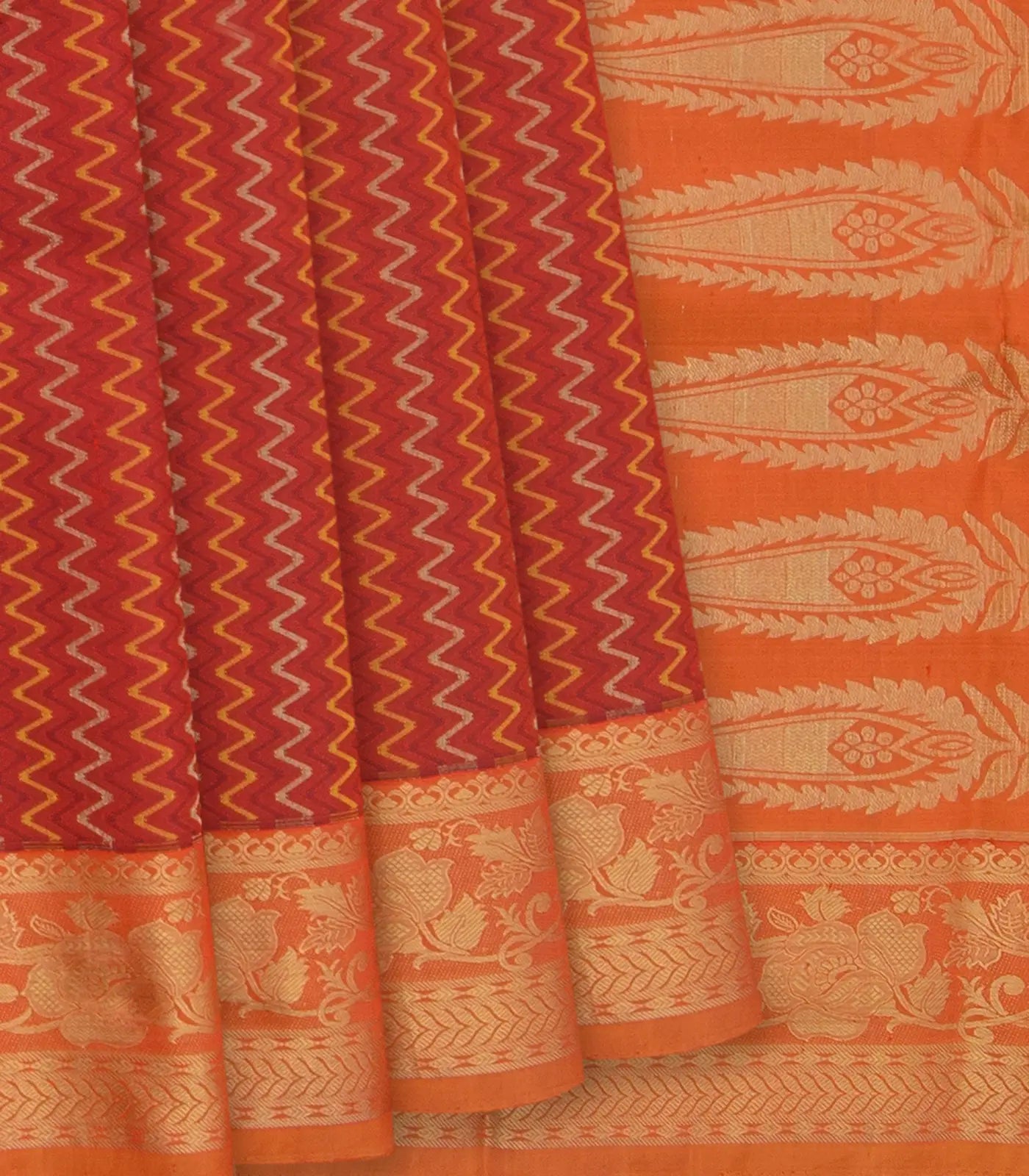 Crimson Handwoven Kanchipuram Korvai Silk Saree With Chevron Stripes & Floral Vine Motifs in Contrast Orange Border, Pallu-Crimson