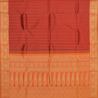 Crimson Handwoven Kanchipuram Korvai Silk Saree With Chevron Stripes & Floral Vine Motifs in Contrast Orange Border, Pallu-Crimson