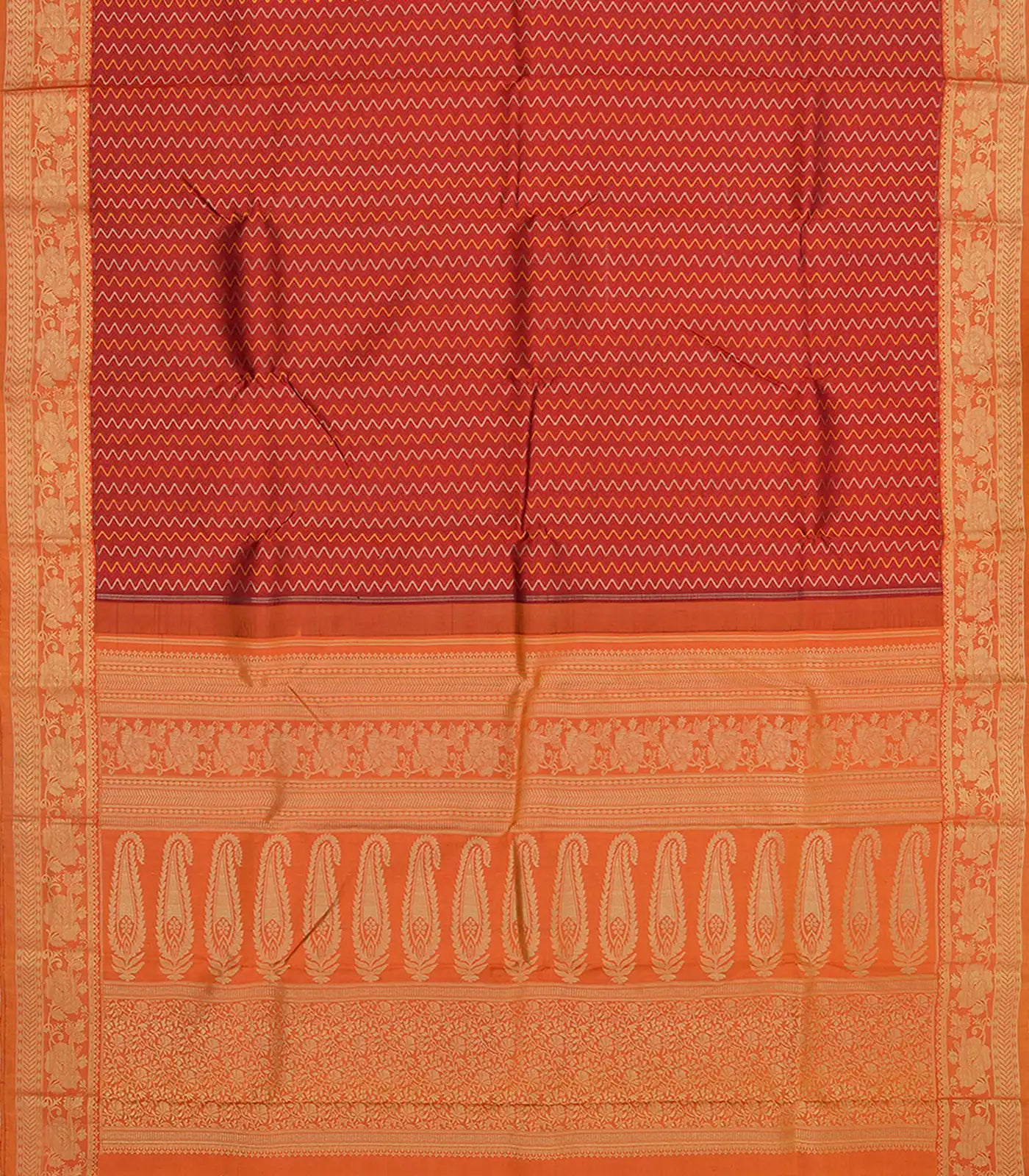 Crimson Handwoven Kanchipuram Korvai Silk Saree With Chevron Stripes & Floral Vine Motifs in Contrast Orange Border, Pallu-Crimson
