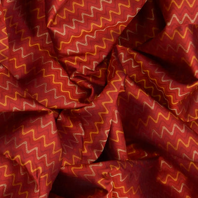 Crimson Handwoven Kanchipuram Korvai Silk Saree With Chevron Stripes & Floral Vine Motifs in Contrast Orange Border, Pallu-Crimson