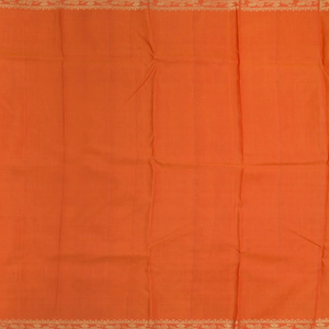 Crimson Handwoven Kanchipuram Korvai Silk Saree With Chevron Stripes & Floral Vine Motifs in Contrast Orange Border, Pallu-Crimson