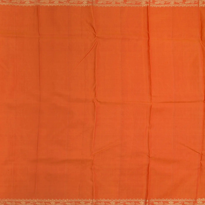 Crimson Handwoven Kanchipuram Korvai Silk Saree With Chevron Stripes & Floral Vine Motifs in Contrast Orange Border, Pallu-Crimson