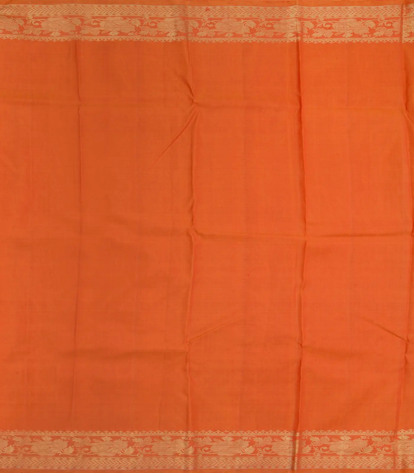 Crimson Handwoven Kanchipuram Korvai Silk Saree With Chevron Stripes & Floral Vine Motifs in Contrast Orange Border, Pallu-Crimson