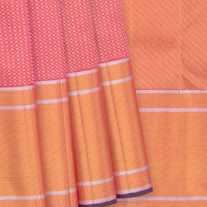 Bubble Gum Pink Handwove Kanchipuram Silk Saree With Gold, Silver Zari Dotts & Diagonal Zari Stripes In Border-BubbleGum Pink