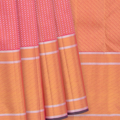 Bubble Gum Pink Handwove Kanchipuram Silk Saree With Gold, Silver Zari Dotts & Diagonal Zari Stripes In Border-BubbleGum Pink