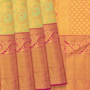 Gold Handwoven Kanchipuram Tissue Silk Saree With Floral Vine Motifs & Evening Morning Zari Border-Gold