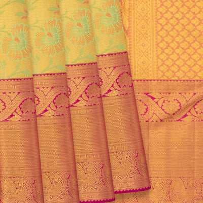 Gold Handwoven Kanchipuram Tissue Silk Saree With Floral Vine Motifs & Evening Morning Zari Border-Gold