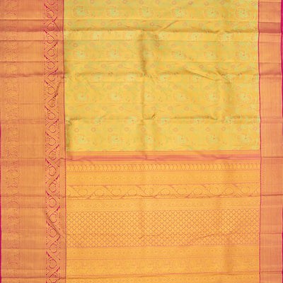 Gold Handwoven Kanchipuram Tissue Silk Saree With Floral Vine Motifs & Evening Morning Zari Border-Gold