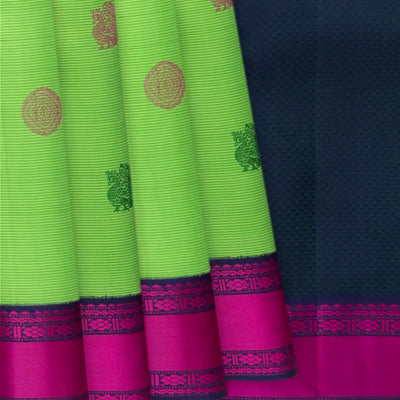 Mint Green Hand woven Kanchipuram Korvai Silk Saree With Annam, Chakaram Butta On Stripes & Contrast Navy Blue Border, Pallu-Mint Green