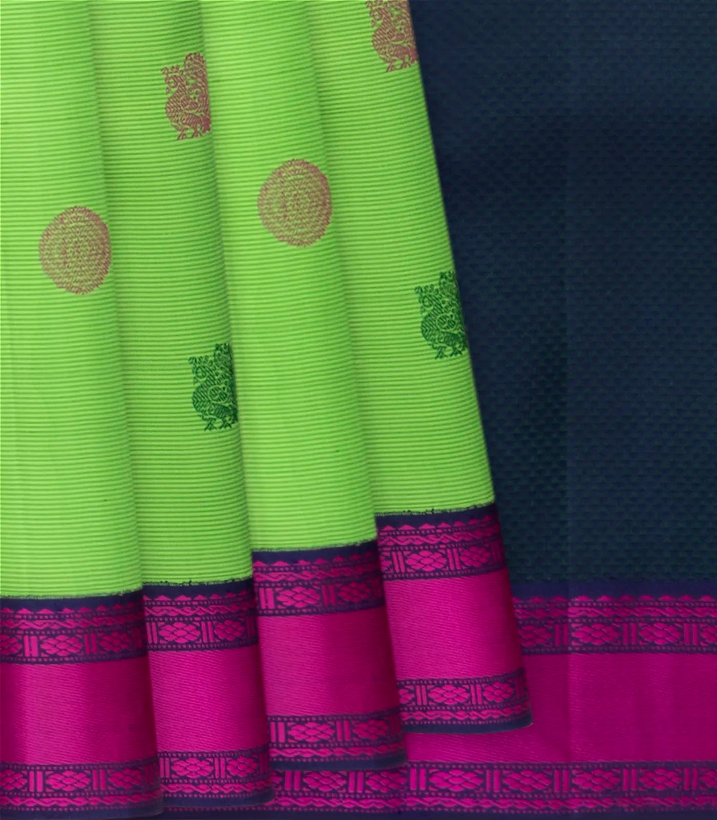 Mint Green Hand woven Kanchipuram Korvai Silk Saree With Annam, Chakaram Butta On Stripes & Contrast Navy Blue Border, Pallu-Mint Green
