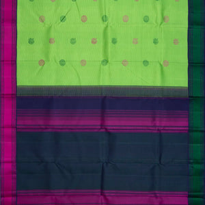 Mint Green Hand woven Kanchipuram Korvai Silk Saree With Annam, Chakaram Butta On Stripes & Contrast Navy Blue Border, Pallu-Mint Green