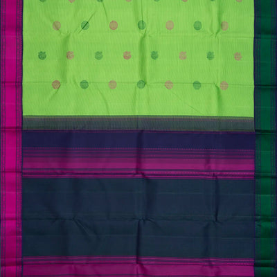 Mint Green Hand woven Kanchipuram Korvai Silk Saree With Annam, Chakaram Butta On Stripes & Contrast Navy Blue Border, Pallu-Mint Green