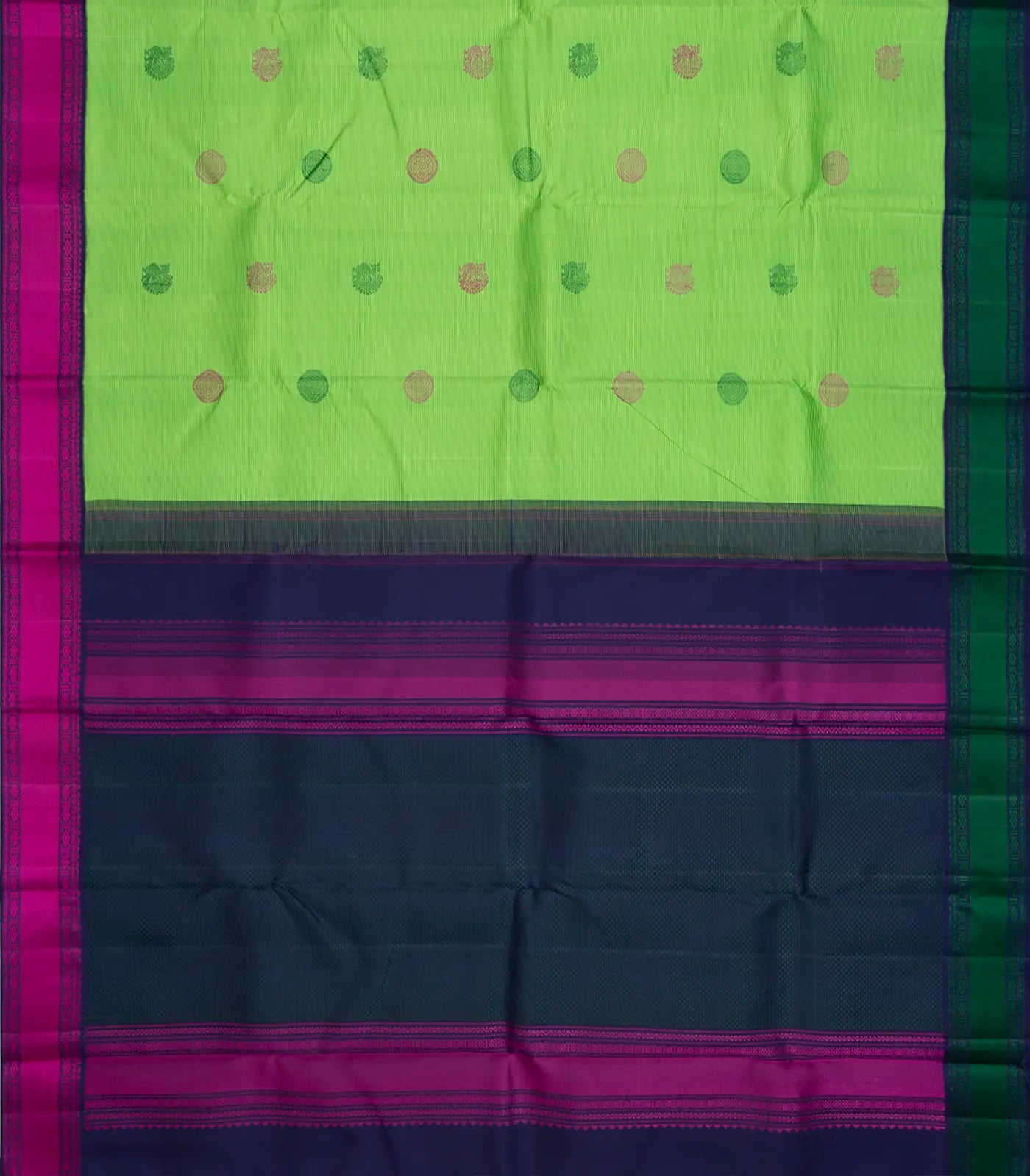 Mint Green Hand woven Kanchipuram Korvai Silk Saree With Annam, Chakaram Butta On Stripes & Contrast Navy Blue Border, Pallu-Mint Green