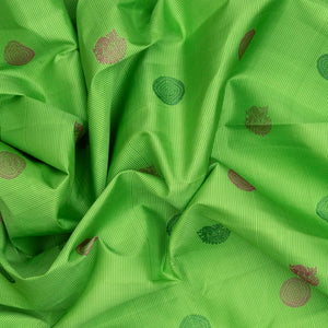 Mint Green Hand woven Kanchipuram Korvai Silk Saree With Annam, Chakaram Butta On Stripes & Contrast Navy Blue Border, Pallu-Mint Green