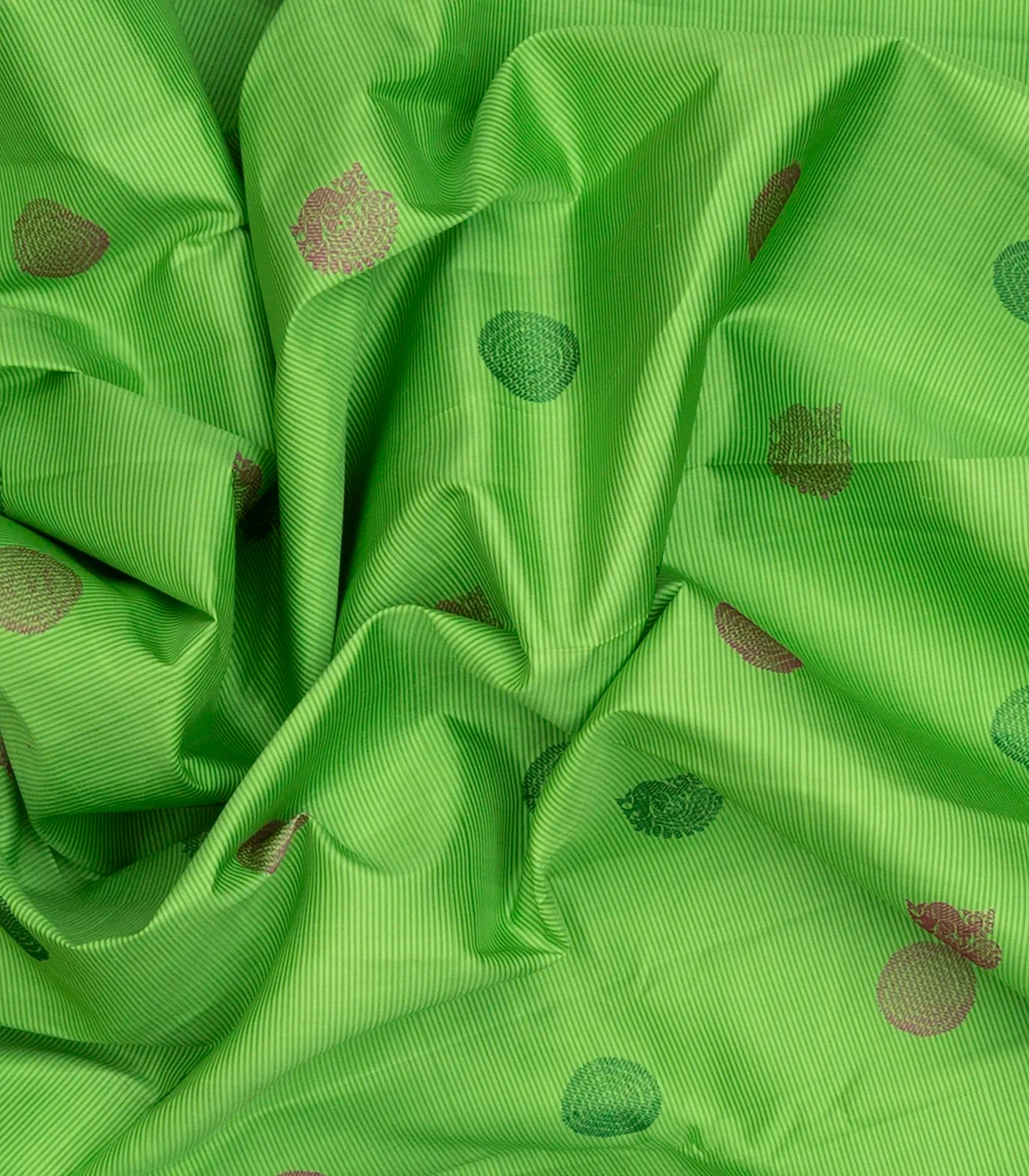 Mint Green Hand woven Kanchipuram Korvai Silk Saree With Annam, Chakaram Butta On Stripes & Contrast Navy Blue Border, Pallu-Mint Green