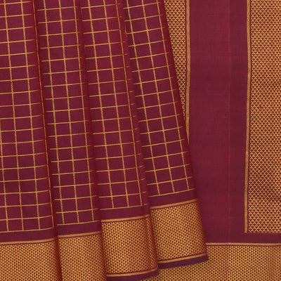 Crimson Hand woven Kanchipuram Silk Saree With Zari Checks & Araimadam Motifs In Border-Crimson