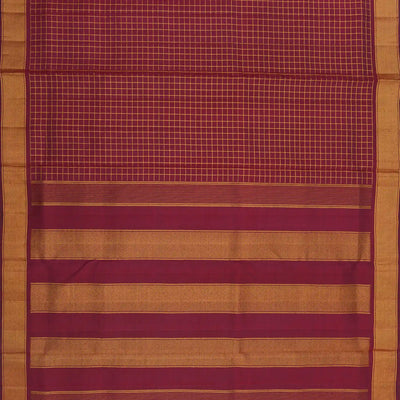 Crimson Hand woven Kanchipuram Silk Saree With Zari Checks & Araimadam Motifs In Border-Crimson