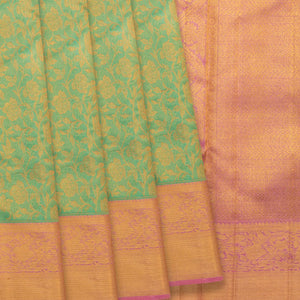 Aquamarine Handwoven Kanchipuram Korvai Tissue Silk Saree With Floral Vine Motifs & Contrast Pink Border, Pallu-Aquamarine