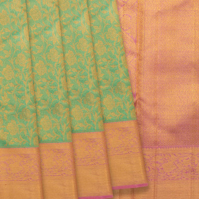 Aquamarine Handwoven Kanchipuram Korvai Tissue Silk Saree With Floral Vine Motifs & Contrast Pink Border, Pallu-Aquamarine