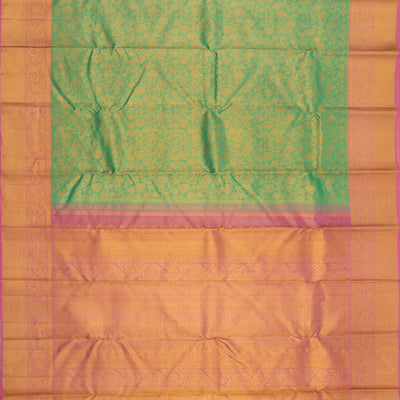 Aquamarine Handwoven Kanchipuram Korvai Tissue Silk Saree With Floral Vine Motifs & Contrast Pink Border, Pallu-Aquamarine